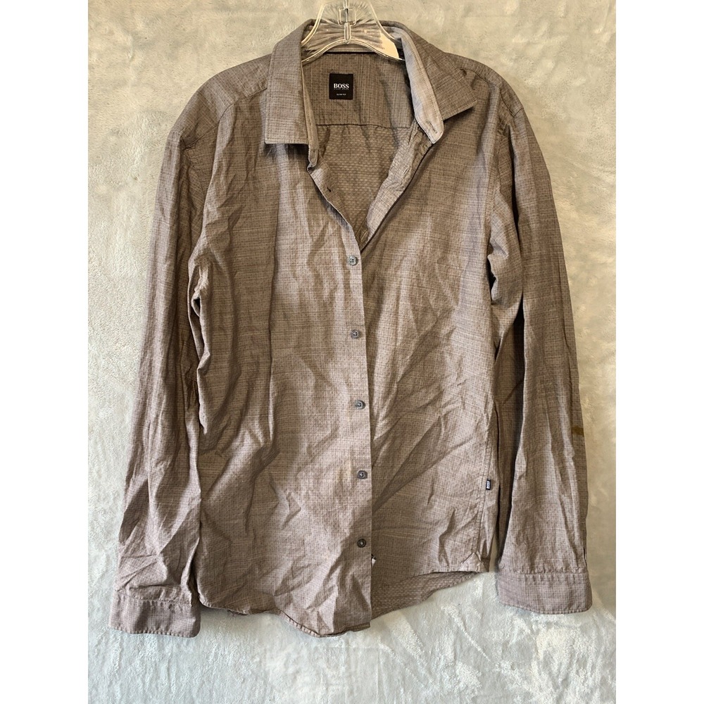 BOSS Hugo Boss Slim Fit Mens Button Down Shirt Size L Brown Long Sleeve